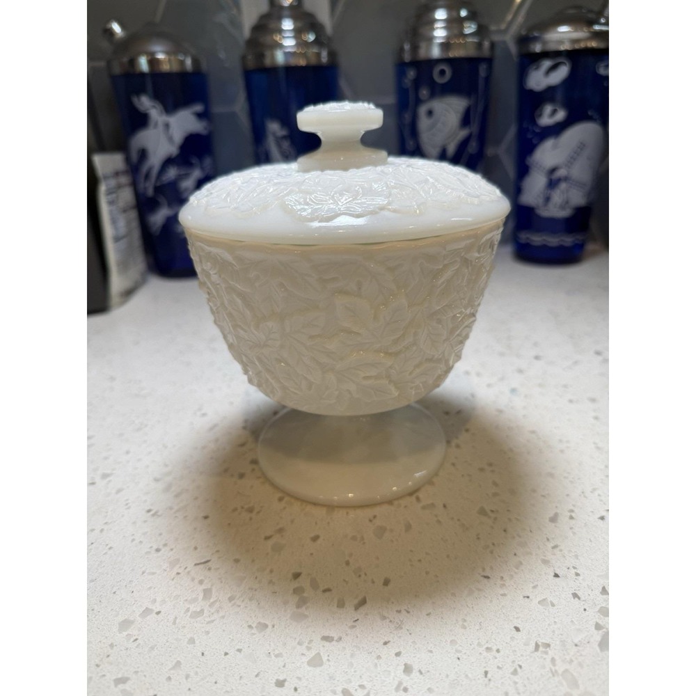 Westmoreland Maple Leaf Covered Candy Dish OG Sticker Mid Century Milk Glass
